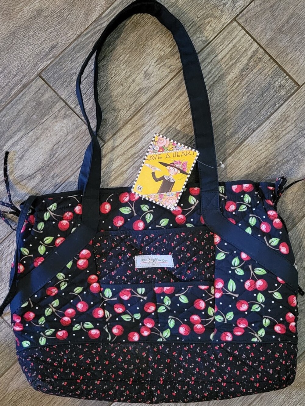 Mary Engelbreit CHERRY Quilted Tote Bag Drawstring Tie Sides Multi Pockets NWT